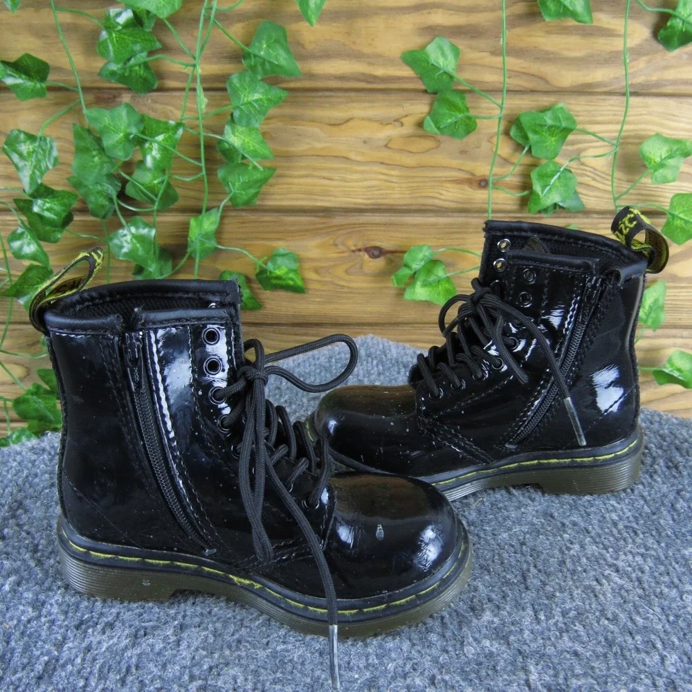 Dr. Martens Brooklee Toddler Black Patent Leather Ankle Boots Lace Up Side Zip 7